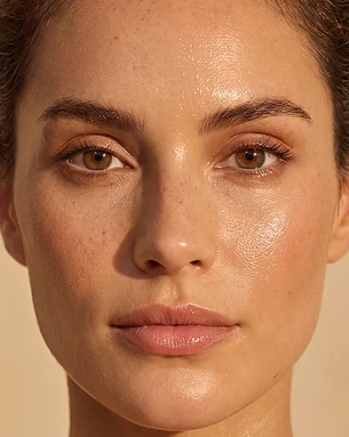 Rosto feminino de frente, com os dois olhos em foco